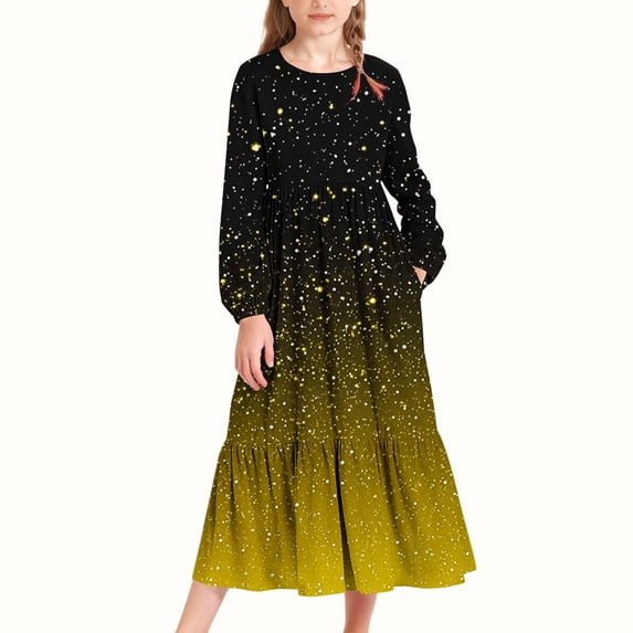 BRGZLK Girl's Long Sleeve Maxi Dresses Gradient Midi Floral Print Sequin Long Sleeve Round Neck Casual Loose Fit Long Dress Flowy Party Dress Yellow 12-13 Years