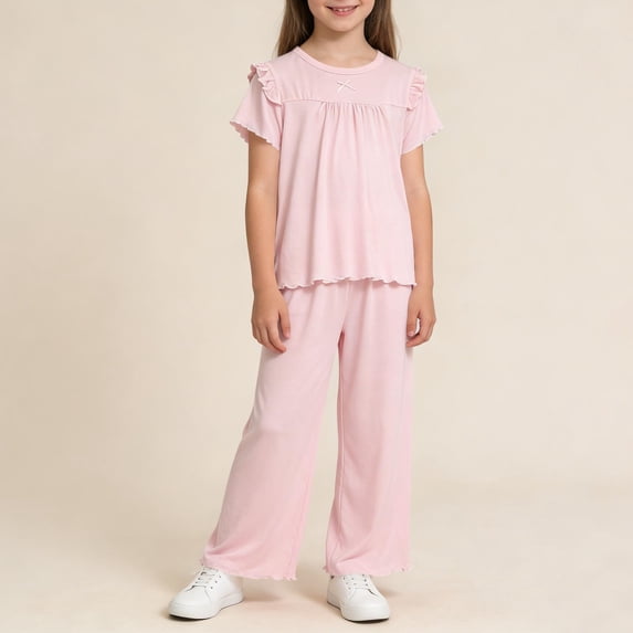 BRGZLK Girl's Loungewear Set Summer Solid Color Soft Comfortable Short Sleeve Long Pants Set Lightweight Cute Lace Trim Princess Style 2 Piece Outfits Pink 5-6 Years