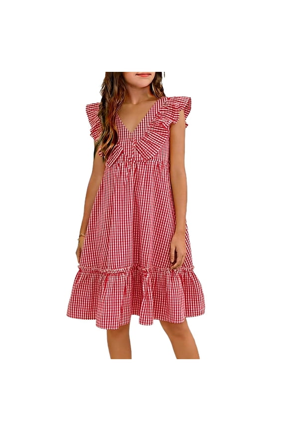 Girl's Mini Dress Summer Casual V Neck Flutter Sleeve Plaid Smocked Waist A Line Cocktail Dress Lightweight Breathable Comfortable Knee-Length Dress Red 3-4 Years