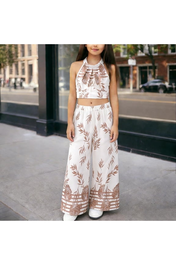 Girl's Retro Print Outfits Casual Comfy Halter Sleeveless Camisole Tops Wide-Leg Pants Teen Girls Casual Two-Piece Set Summer Clothes 2026 Beige 7-8 Years