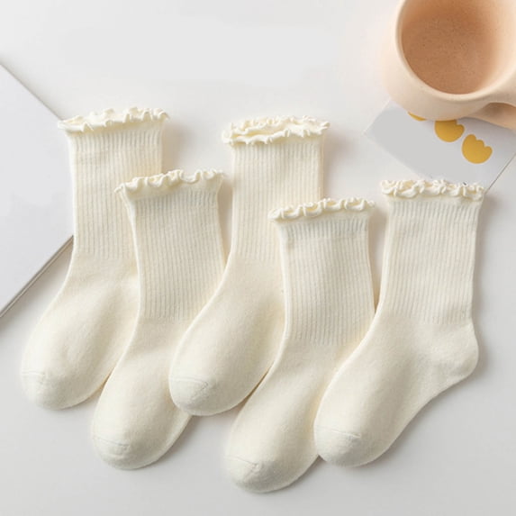 BRGZLK Girl's Ruffle Socks 5 Pairs Fall 2026 Trendy Solid Color Ruffle Trim Lace Cute Cotton Ankle Crew Socks Baby Girls Slouchy Sock Beige 6-8 Years