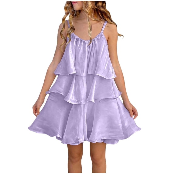 BRGZLK Girl's Ruffle Tiered Dresses Spring Summer 2026 Solid Color Sleeveless Halter Vacation Skirt Cute Trendy Princess Dress Round Neck Cocktail Knee-Length Dress Purple 7-8 Years