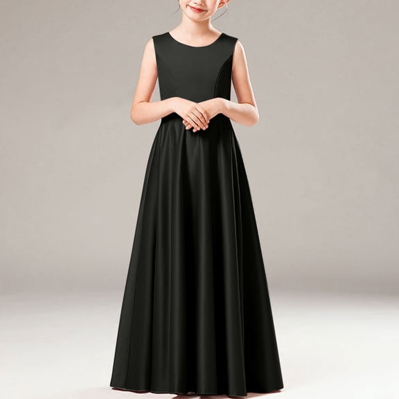 BRGZLK Girl's Satin Solid Color Fashion Elegant Sleeveless Round Neck Performance Dress Party Gown Long Dress Black 12-13 Years