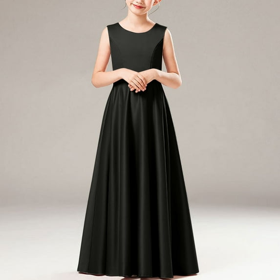 BRGZLK Girl's Satin Solid Color Fashion Elegant Sleeveless Round Neck Performance Dress Party Gown Long Dress Black 6-7 Years