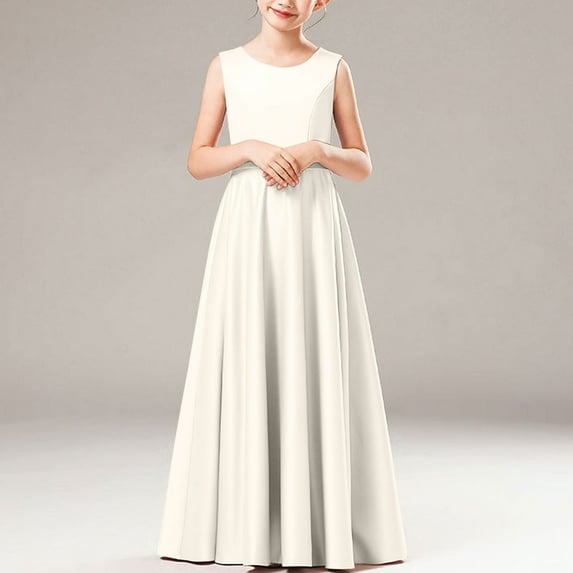 BRGZLK Girl's Satin Solid Color Fashion Elegant Sleeveless Round Neck Performance Dress Party Gown Long Dress White 3-4 Years