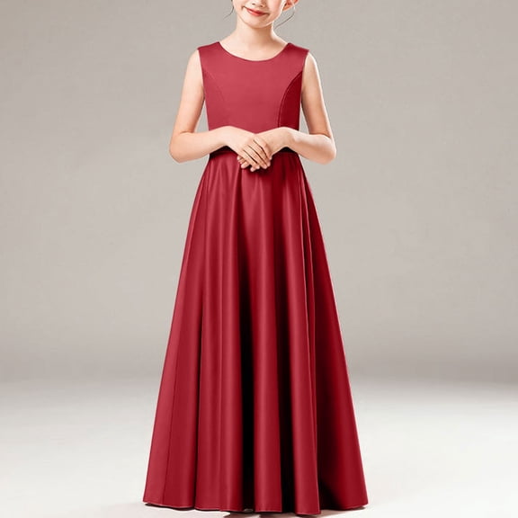 BRGZLK Girl's Satin Solid Color Fashion Elegant Sleeveless Round Neck Performance Dress Party Gown Long Dress Wine 6-7 Years