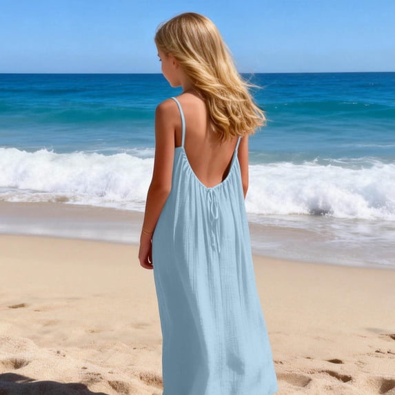 BRGZLK Girl's Summer Casual Dresses Kids Fashion Cute Solid Color Loose Camisole Backless Drawstring Long Dress for Beach 2026 Vacation Light Blue 5-6 Years