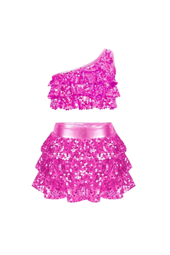 Girl's Summer Casual Set Trendy Solid Color One-Shoulder Sequin Hip Hop Camisole Top and Sequin Sparkly Ruffle Skirt Two-Piece Set Hot Pink 4-5 Years