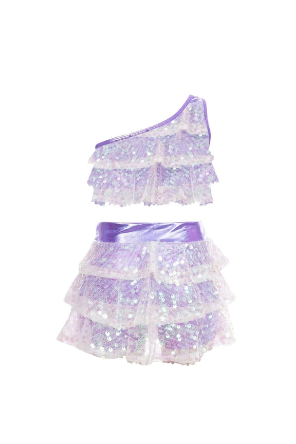 Girl's Summer Casual Set Trendy Solid Color One-Shoulder Sequin Hip Hop Camisole Top and Sequin Sparkly Ruffle Skirt Two-Piece Set Multicolor 2-3 Years