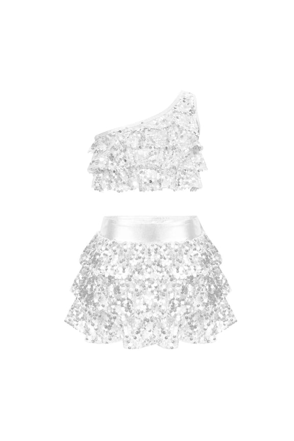 Girl's Summer Casual Set Trendy Solid Color One-Shoulder Sequin Hip Hop Camisole Top and Sequin Sparkly Ruffle Skirt Two-Piece Set White 2-3 Years