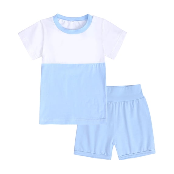 BRGZLK Girl's Summer Color Block Set Cute Round Neck Short Sleeve Tops and Shorts Casual Fashion Comfy Sweat Tracksuit with Side Pockets Blue A 9-12 Months