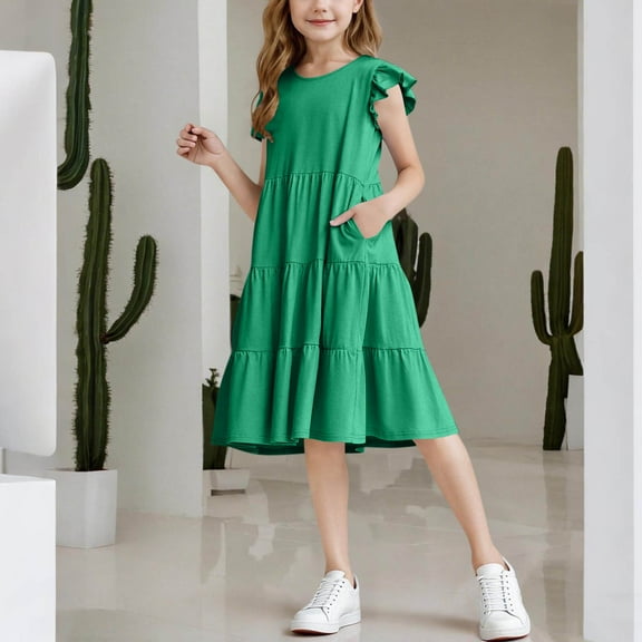 BRGZLK Girl's Summer Dress Cute Solid Color Ruffle Sleeve Round Neck Casual Tiered Swing Flowy Midi Dresses With Pockets Green 11-12 Years