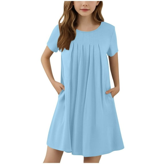 BRGZLK Girl's Summer Dresses Cute Solid Color Short Sleeve Round Neck Pleated Front Swing Flowy Midi Dress with Pockets Light Blue 5-6 Years
