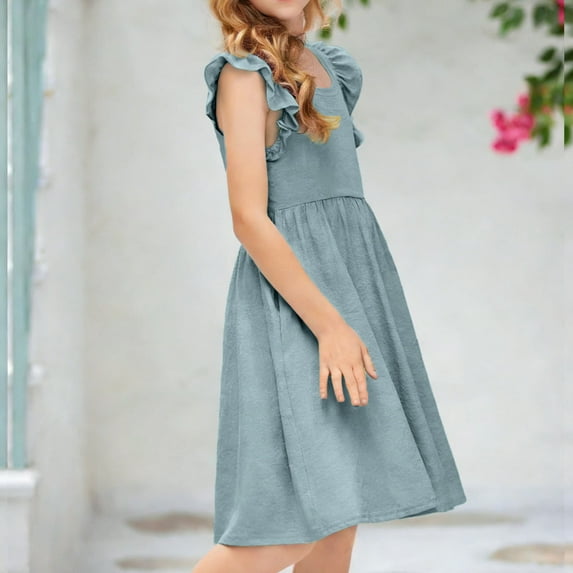 BRGZLK Girl's Summer Dresses Solid Color Linen Camisole Flutter Sleeve Sleeveless Round Neck Princess Dress Kids Comfortable Breathable Fashion Cute Dresses Green 2-3 Years