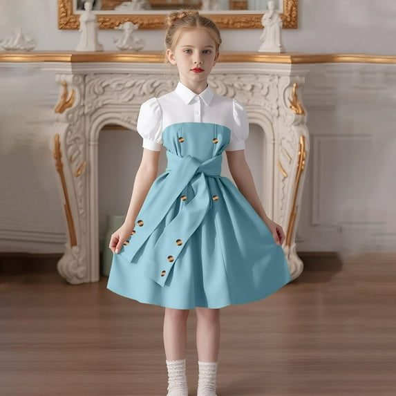 BRGZLK Girl's Summer Dresses Solid Color Turn-Down Collar Button-Down Short Sleeve Dress Casual Comfortable Cute Knee Length Dresses with Belt Green 12-13 Years