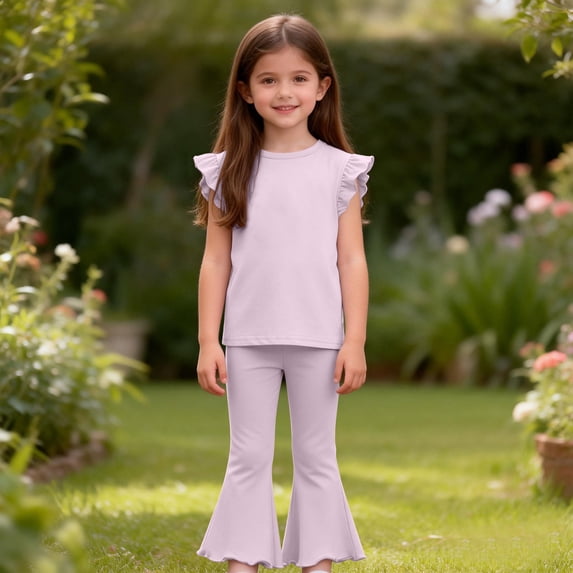 BRGZLK Girl's Summer Outfits 2026 Casual Cute Solid Color Flutter Sleeve Camisole Top Flared Long Pants 2 Piece Set Soft Comfortable Girls Clothes Purple 12-18M