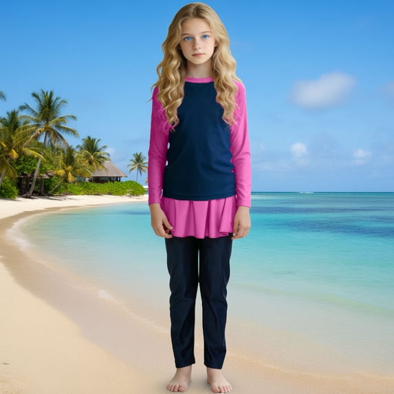 BRGZLK Girl's Summer Swimsuit Sets Summer Fashion Hawaiian Print Long Sleeve Swimsuit Top Long Skort Swim Cap Color Block Modest Surf Suit Vacation Beach Three Piece Set Navy 0-1 Years