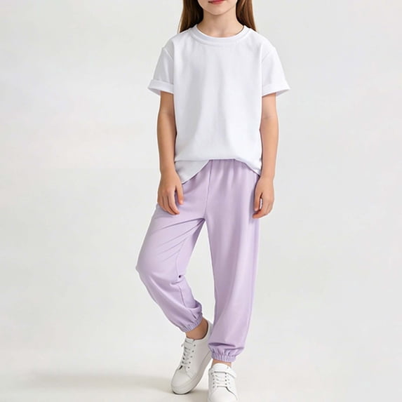 BRGZLK Girls 2 Piece Outfits Summer 2026 Casual Cotton Solid Color Round Neck Short Sleeve Top and Loose Fit Elastic Waist Jogging Pants Set White 9-10 Years