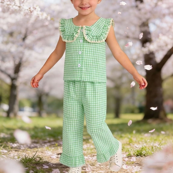 BRGZLK Girls 2 Piece Outfits Summer Trendy Plaid Ruffle SleevePeter Pan Collar Button Up Tops lastic Waist Loose Wide-Leg Long Pants Casual Set,Kids Girls Cute Clothes Green 4-5 Years