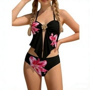 BRGZLK Girls 2 Piece Swimsuit Summer 2026 Trendy Novel Cute Floral High Waisted Bikini Bathing Suit Summer Beach Outfits for Teen Girls Black 13-14 Years