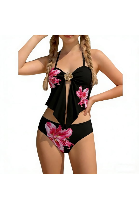 Girls 2 Piece Swimsuit Summer 2026 Trendy Novel Cute Floral High Waisted Bikini Bathing Suit Summer Beach Outfits for Teen Girls Black 15-16 Years