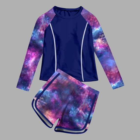 BRGZLK Girls 2 Piece Swimsuit Summer Cute Watermelon Print Round Neck Long Sleeve Rash Guard Bathing Suit Sun Protection Swimwear with Shorts Purple 10-11 Years