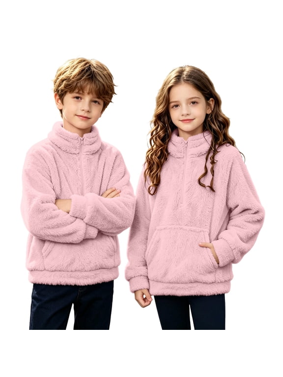 Girls Boys Quarter Zip Hoodie Kids Funnel Neck Pullover Sweatshirt Fuzzy Sweater Tops Lightweight Soft Comfort Fluffy Cozy Outwear with Kangaroo Pocke Pink 7-8 Years
