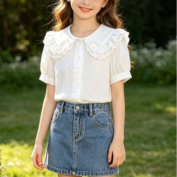 BRGZLK Girls Button Down Shirts Summer Cute Ruffle Collar Puff Sleeve Blouse Lightweight Breathable Casual Back to School Shirt 2026 White F 13-14 Years