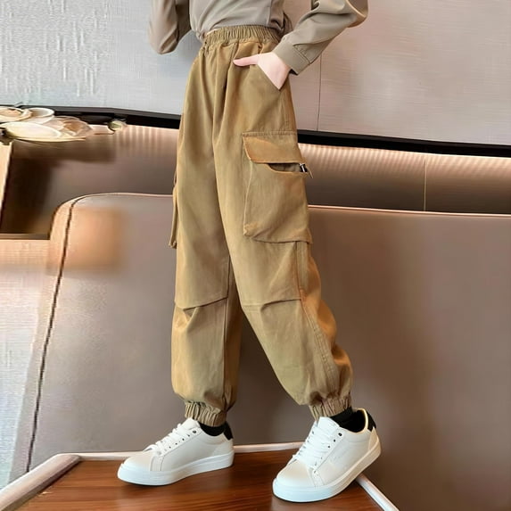BRGZLK Girls Cargo Pants Fall Winter 2025 Girls Korean Style Fashionable Casual Pants Solid Color Loose Kids Long Pants Khaki 11-12 Years