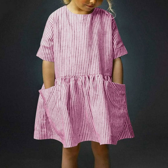 BRGZLK Girls Casual Shirt Dresses Summer Crew Neck Short Sleeve Cotton Linen Midi Dress with Pockets Daily Outfits Hot Pink 7-8 Years