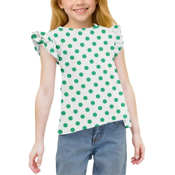 BRGZLK Girls Casual T Shirt Summer 2026 Ruffle Edge Polka Dot Round Neck Pullover Short Sleeve Lovely Girl Thin Summer Clothing Top for Daily Wear Green 12-13 Years
