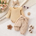 thumbnail image 1 of BRGZLK Girls Clothes Fashion Casual Round Neck Collar Newborn Girl Outfits Long Sleeve Jumpsuit Romper and Floral Pants with Headband Khaki 3-6 Months, 1 of 3