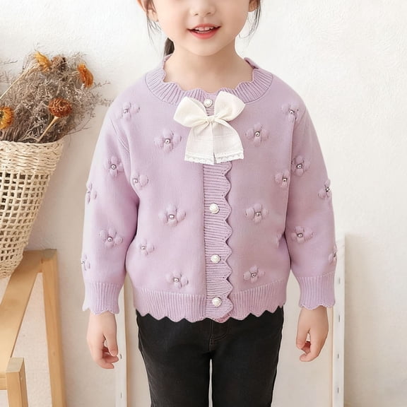 BRGZLK Girls Coat Cute Bow Jacquard Flower Cardigan Sweater Buttons Long Sleeve Toddler Knitted Jacket Winter Versatile Casual Cozy Coat for Little Girls Purple 3-4 Years