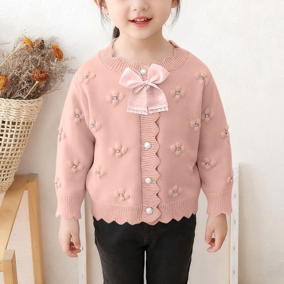 BRGZLK Girls Coat Cute Bow Jacquard Flower Cardigan Sweater Buttons Long Sleeve Toddler Knitted Jacket Winter Versatile Casual Cozy Coat for Little Girls Pink 7-8 Years