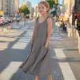 thumbnail image 1 of BRGZLK Girls Cotton Linen Tank Dress Summer Trendy Solid Sleeveless Round Neck Casual A-Line Dress Breathable And Comfortable Maxi Dress Gray 15-16 Years, 1 of 7