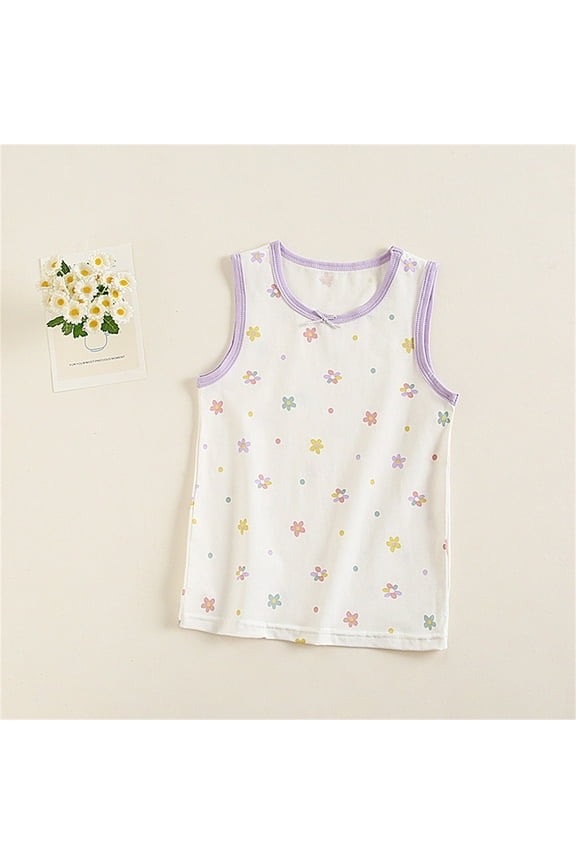 Girls Cotton Tank Top Summer Trendy Color Floral Print Basic Sleeveless Undershirts Loose Round Neck Soft Comfy Camisoles White 4-5 Years
