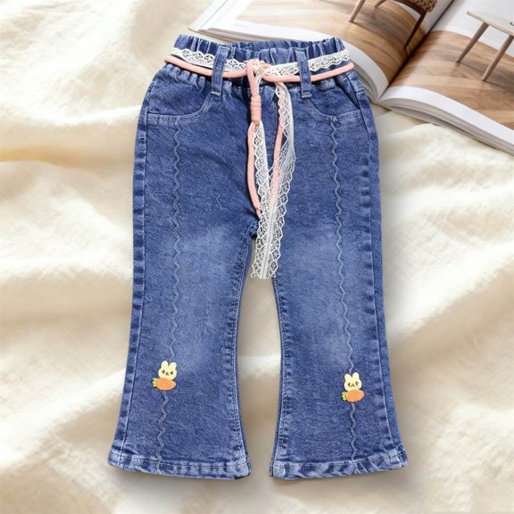 BRGZLK Girls Cute Rabbit Prints Jeans Kids Trumpet Spring Summer Trendy Casual Wear Outside Elastic Waist Slim Pants Blue H 3-4 Years