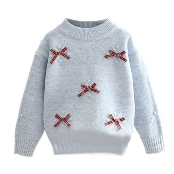 BRGZLK Girls Cute Sweaters Bow Pullover Cozy Knitted Kids Winter Warm Crewneck Long Sleeve Tops Long Sleeved Knitted Top Blue 5-6 Years