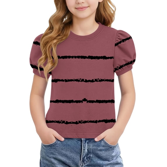 BRGZLK Girls Cute Tops 2026 Summer Sweet Stripe Print Round Neck Short Sleeve Basic Tees Lightweight Breathable Comfy louses Red A 14-15Y