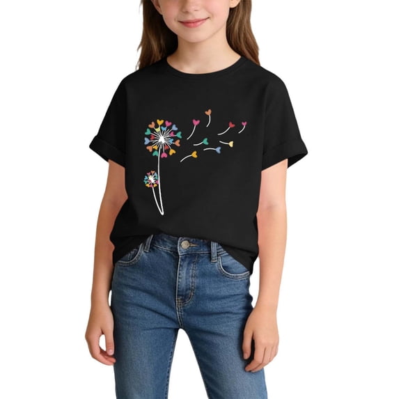 BRGZLK Girls Dandelion Graphic Tees Summer Cute Floral Crewneck Short Sleeve T-Shirts Loose Fit Casual Tops for Daily Black 12-14Y
