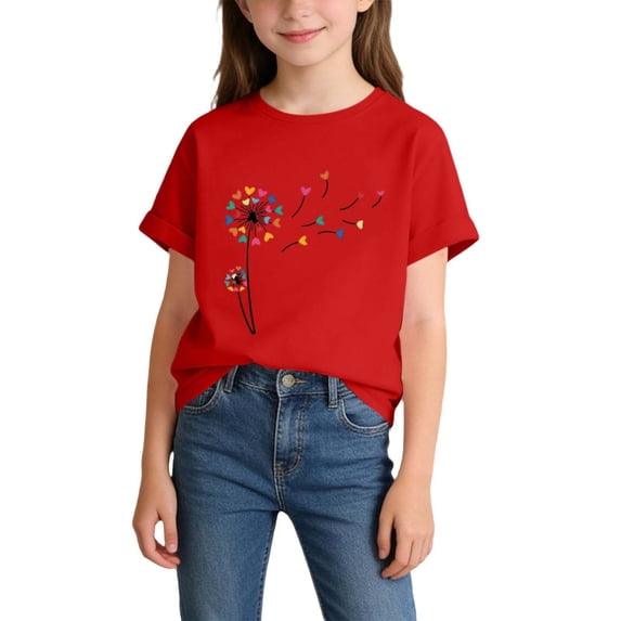BRGZLK Girls Dandelion Graphic Tees Summer Cute Floral Crewneck Short Sleeve T-Shirts Loose Fit Casual Tops for Daily Red 6-8Y