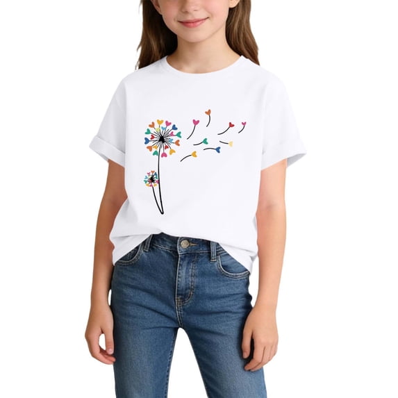 BRGZLK Girls Dandelion Graphic Tees Summer Cute Floral Crewneck Short Sleeve T-Shirts Loose Fit Casual Tops for Daily White 8-10Y