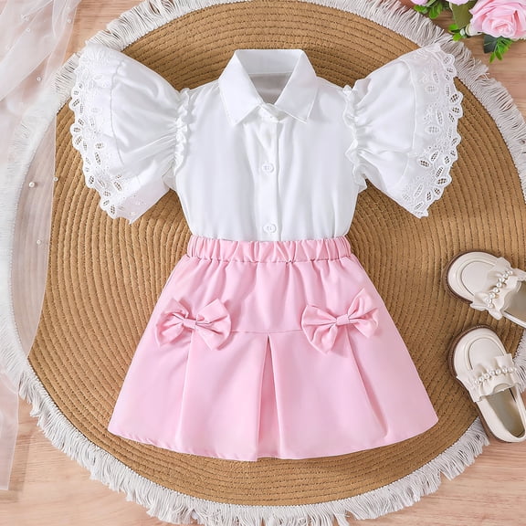 BRGZLK Girls' Dress Set Summer Trendy Cute Trumpet Sleeve Shirt and Bow Pleated Skirt Two-Piece Princess Set Pink 7-8 Years