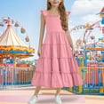 thumbnail image 1 of BRGZLK Girls Dresses Summer Trendy Solid Ruffle Sleeve Square Neck Tiered Swing A-Line Dress Casual Zipper Midi Princess Skirt Pink 12-13 Years, 1 of 6