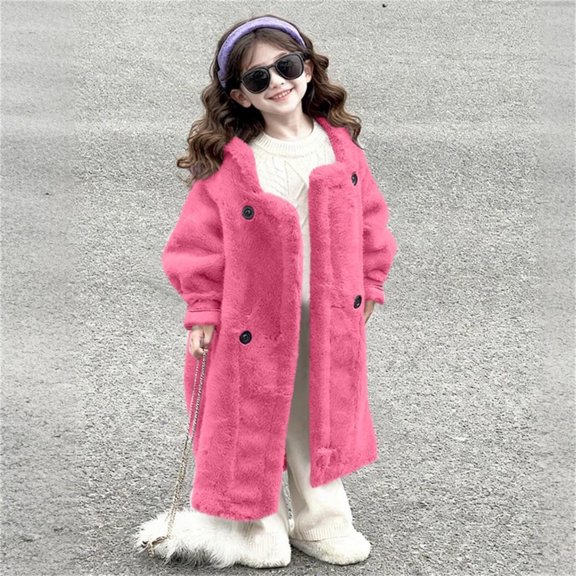 BRGZLK Girls Faux Fur Coat Kids Fluffy Long Sleeve Hooded Button Down Jacket Winter Daily Wear Outwear with Pockets Hot Pink 13-14 Years