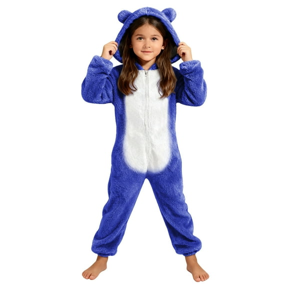 BRGZLK Girls Fleece Jumpsuits Kids Hooded Rompers Costume Fuzzy Cute Onesie Fall Winter Cozy Zipper Playsuit Jumper with Cat Ears Blue 11-12 Years