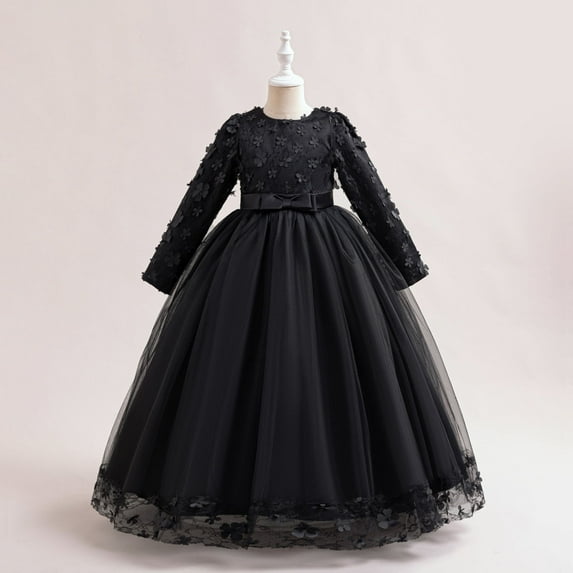 BRGZLK Girls Flower Dresses Solid Color Long Sleeve Round Neck Gown Flower Girl Host Stage Performance Maxi Princess Dress Black 3-4 Years