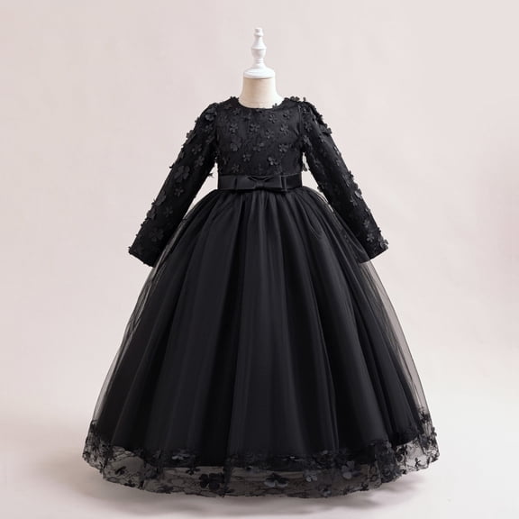 BRGZLK Girls Flower Dresses Solid Color Long Sleeve Round Neck Gown Flower Girl Host Stage Performance Maxi Princess Dress Black 3-4 Years