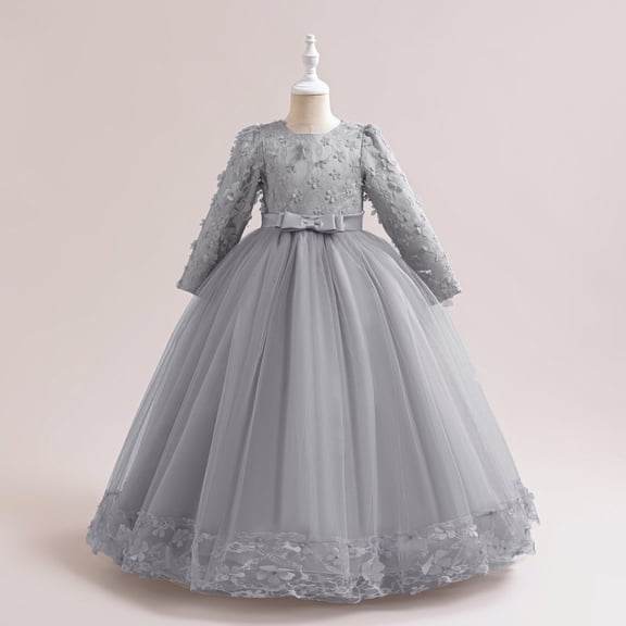 BRGZLK Girls Flower Dresses Solid Color Long Sleeve Round Neck Gown Flower Girl Host Stage Performance Maxi Princess Dress Gray 5-6 Years