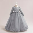 thumbnail image 1 of BRGZLK Girls Flower Dresses Solid Color Long Sleeve Round Neck Gown Flower Girl Host Stage Performance Maxi Princess Dress Gray 9-10 Years, 1 of 5